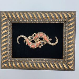 Framed Two Metal Rhinestone & Cabochon Embellished Salamanders on Black Velvet